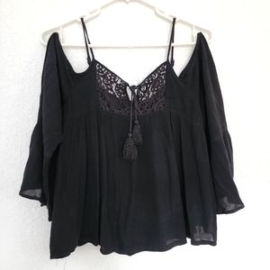 Ashley Mason Size XS Black lace tassel tie open shoulder wide sleeves